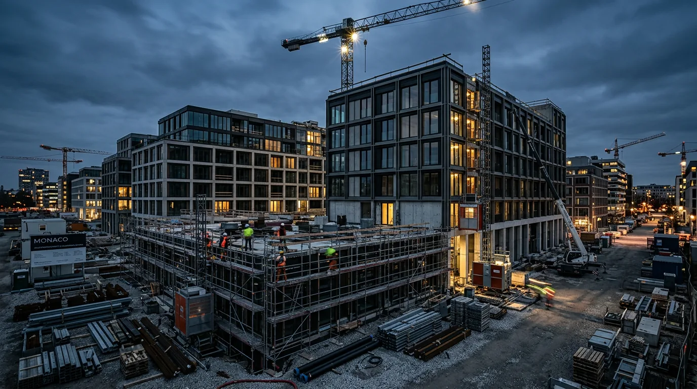 MONACO im Münchner Werksviertel: Baufortschritt und Fassadenplanung – KI-generiertes Symbolbild