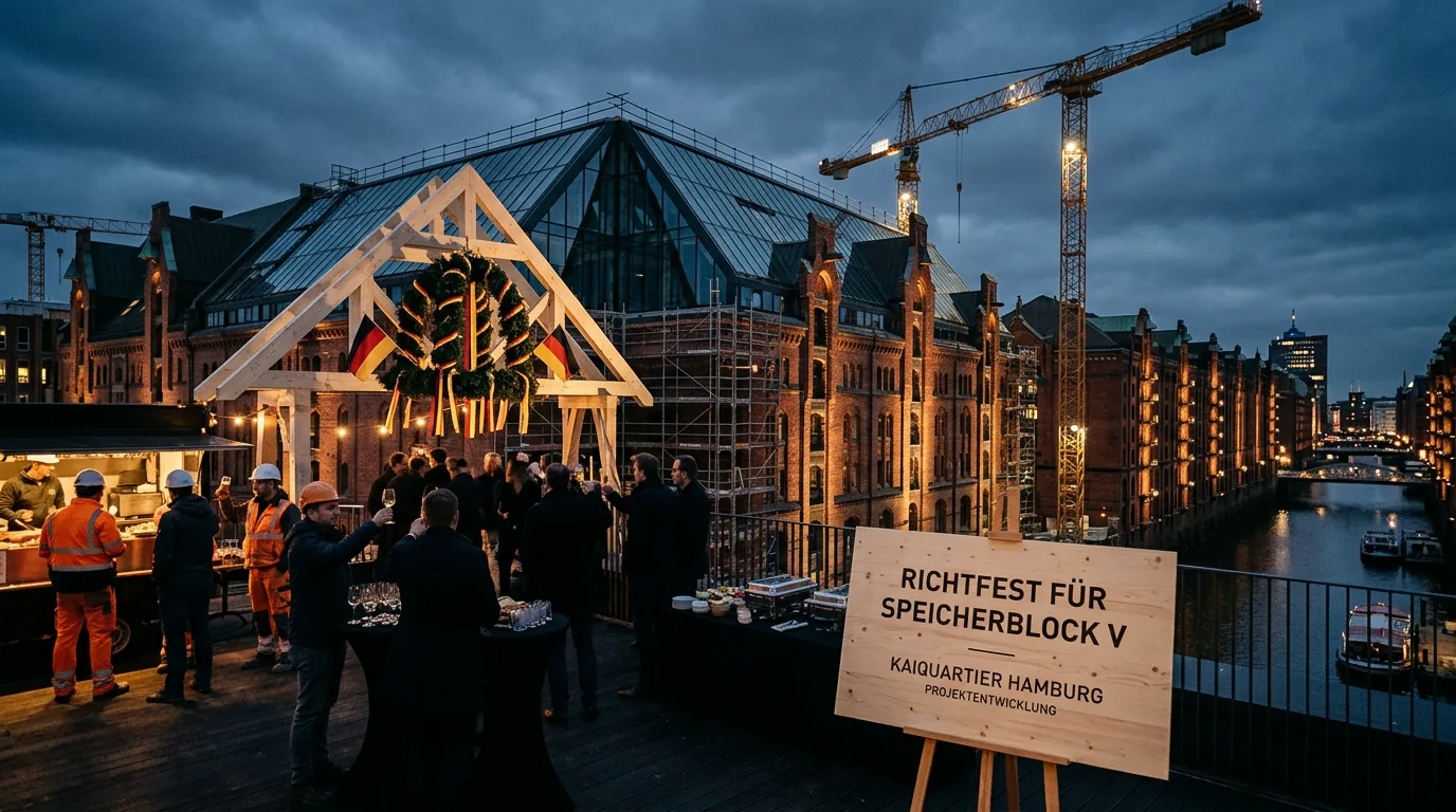 Richtfest für Speicherblock V in der Hamburger Speicherstadt – KI-generiertes Symbolbild